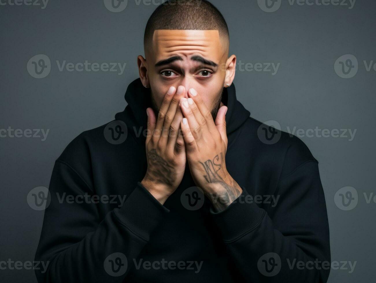 Mexican man in emotional pose on white background AI Generative photo