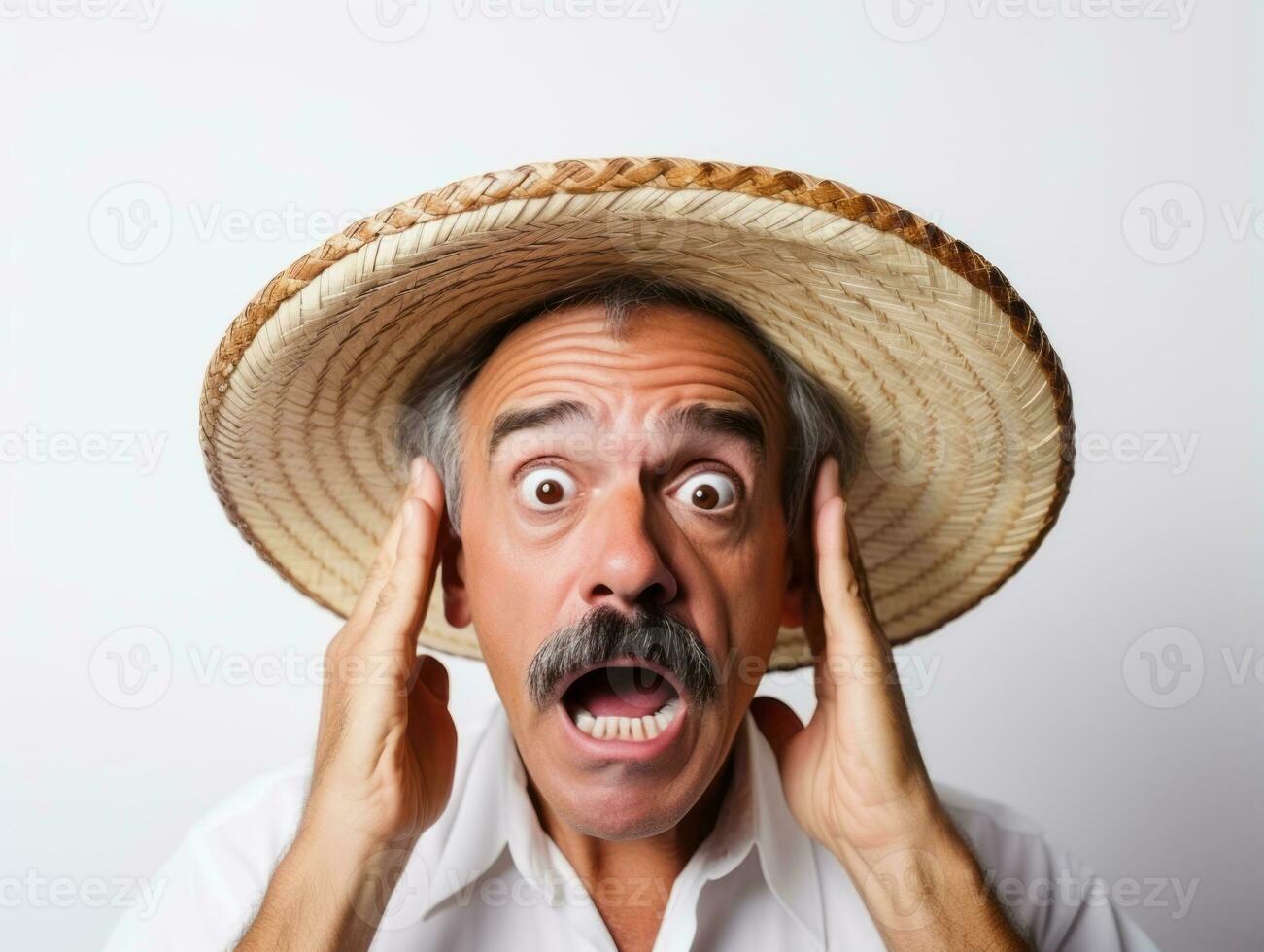 Mexican man in emotional pose on white background AI Generative photo