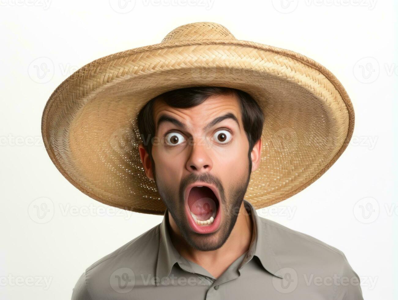 Mexican man in emotional pose on white background AI Generative photo