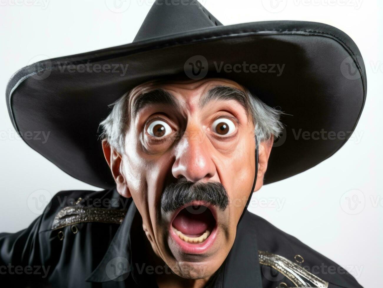 Mexican man in emotional pose on white background AI Generative photo
