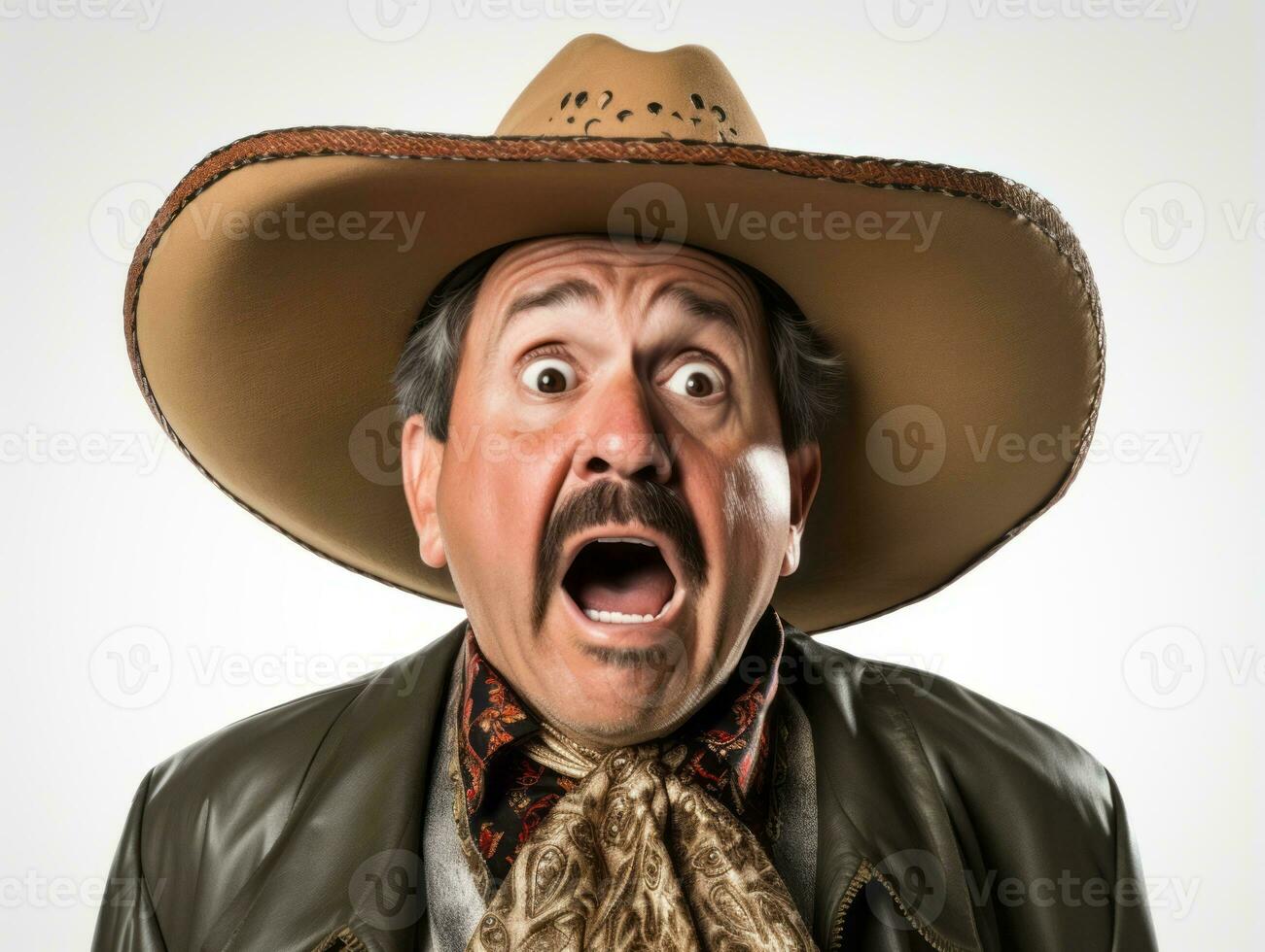 Mexican man in emotional pose on white background AI Generative photo