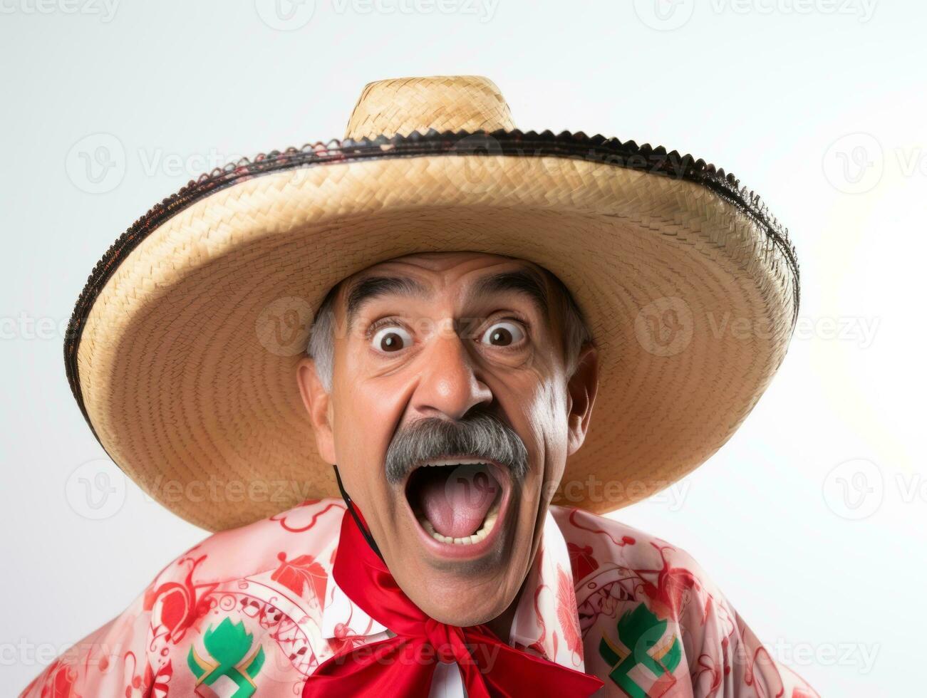 Mexican man in emotional pose on white background AI Generative photo