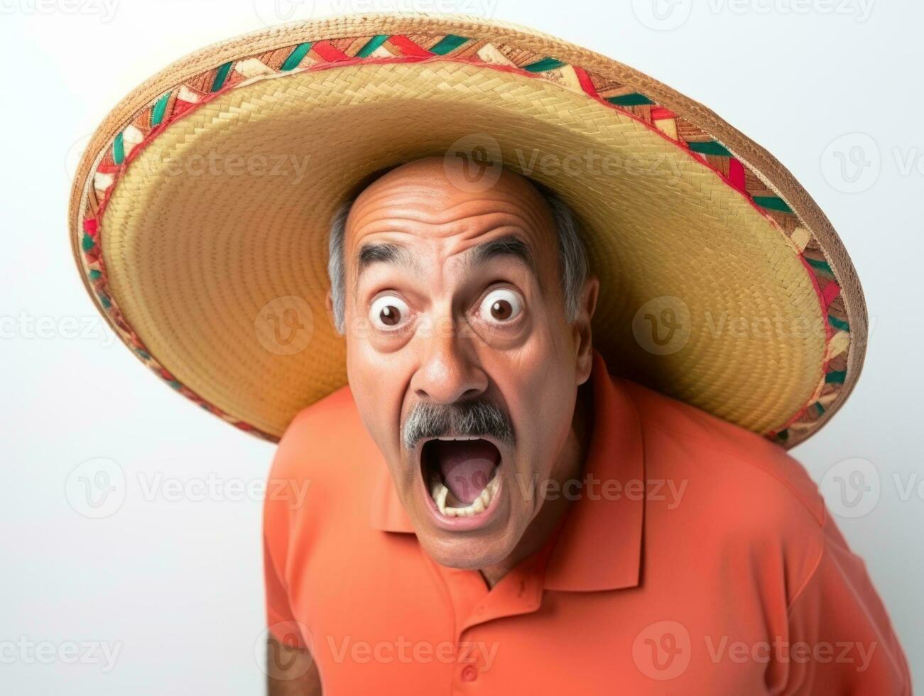 mexicano hombre en emocional actitud en blanco antecedentes ai generativo foto