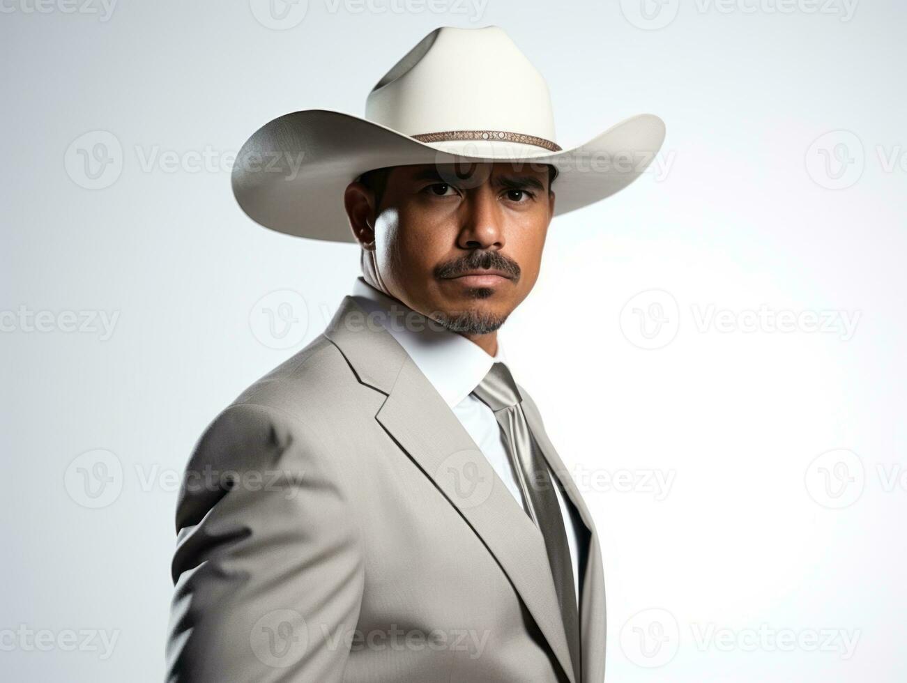 Mexican man in emotional pose on white background AI Generative photo