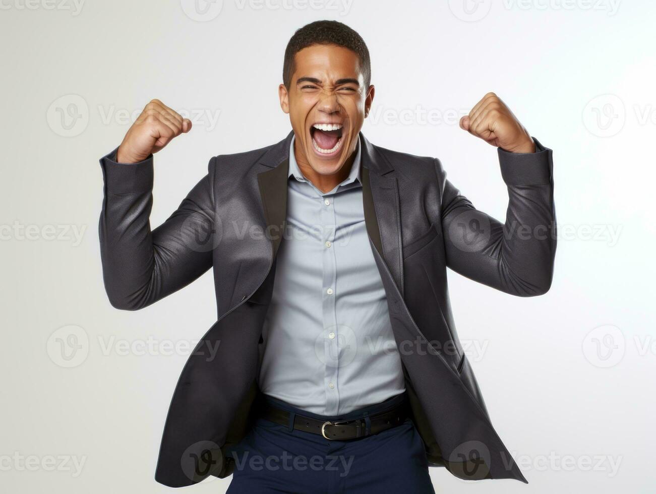 Mexican man in emotional pose on white background AI Generative photo