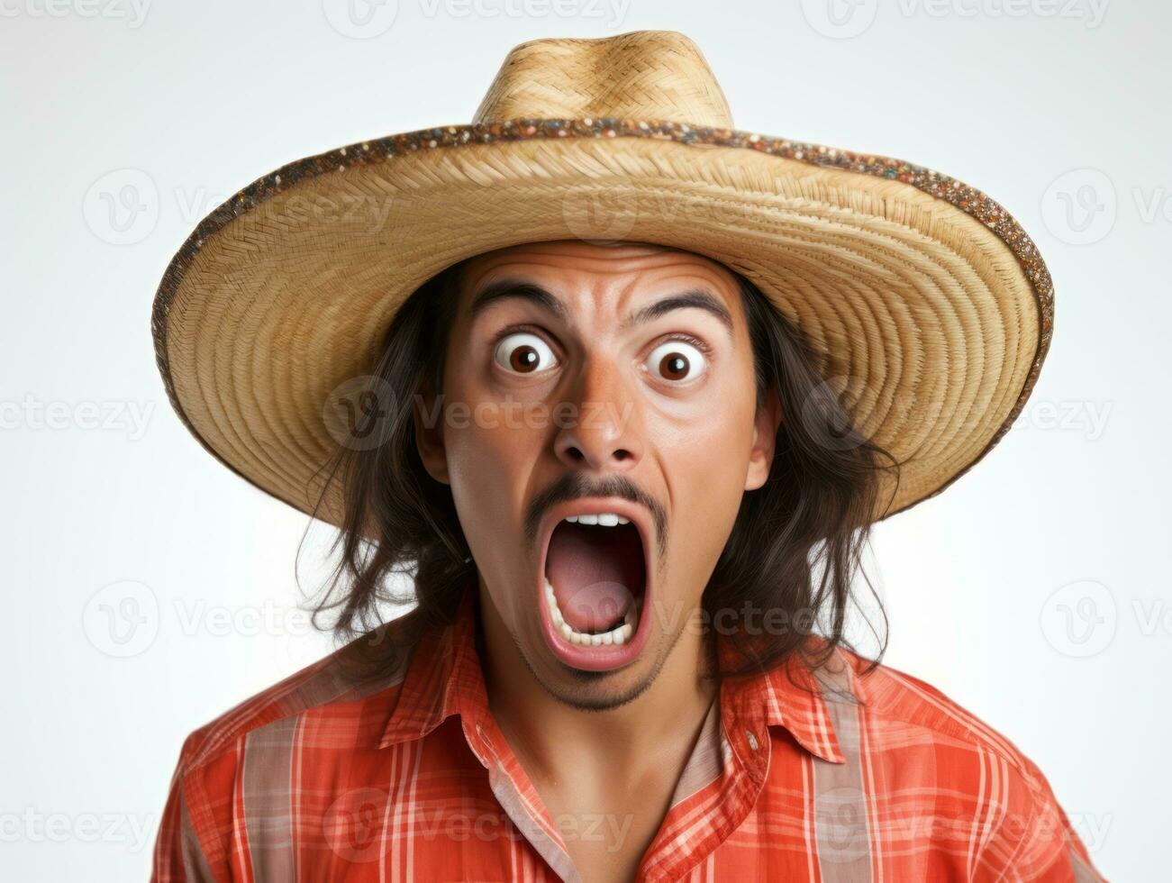 Mexican man in emotional pose on white background AI Generative photo