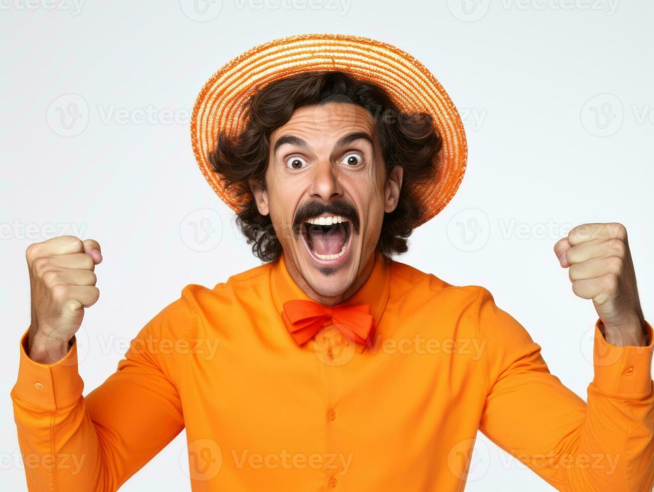 Mexican man in emotional pose on white background AI Generative photo