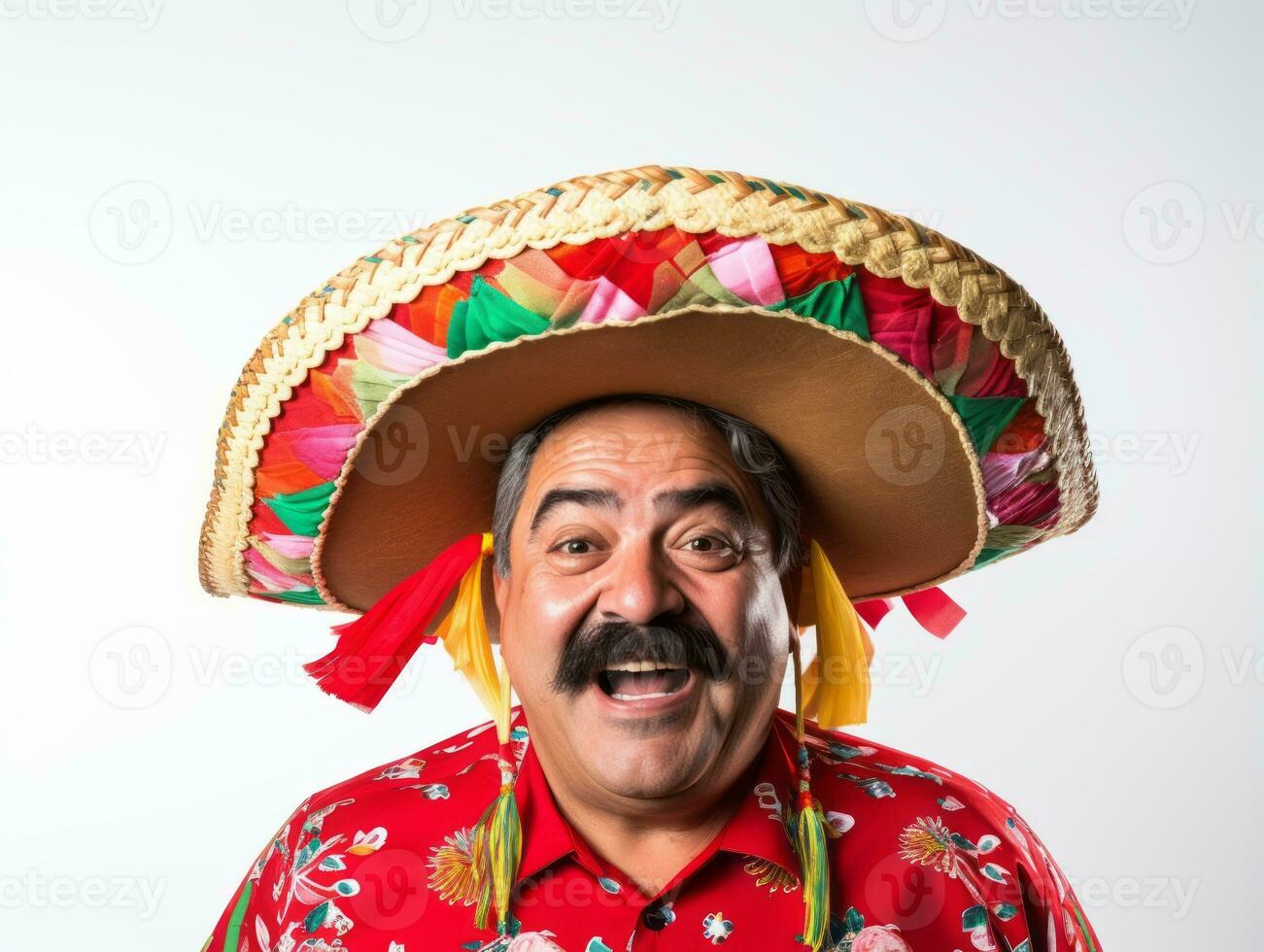 Mexican man in emotional pose on white background AI Generative photo
