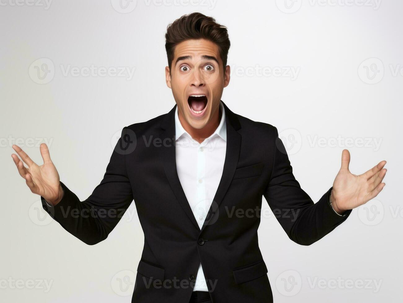 Mexican man in emotional pose on white background AI Generative photo