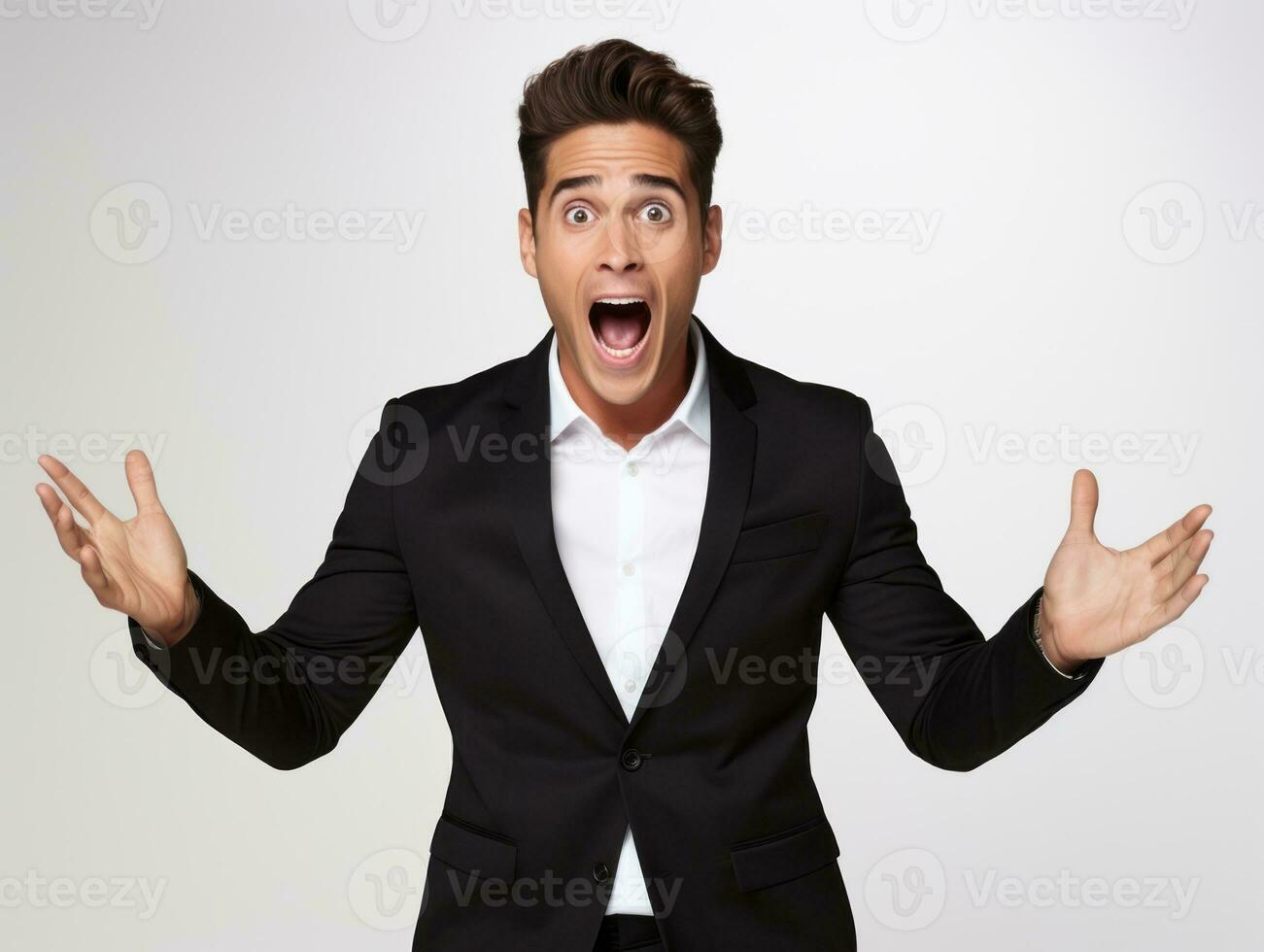 mexicano hombre en emocional actitud en blanco antecedentes ai generativo foto