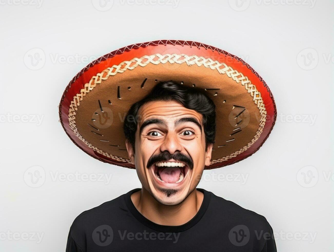 Mexican man in emotional pose on white background AI Generative photo