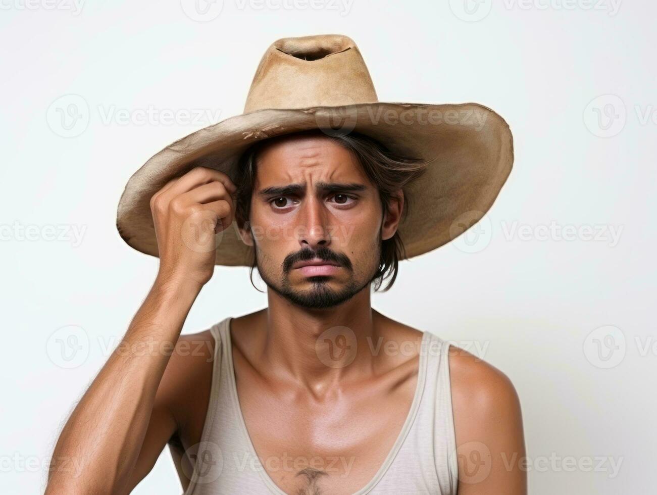 Mexican man in emotional pose on white background AI Generative photo