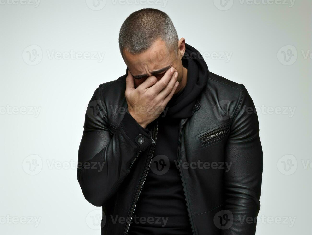 Mexican man in emotional pose on white background AI Generative photo