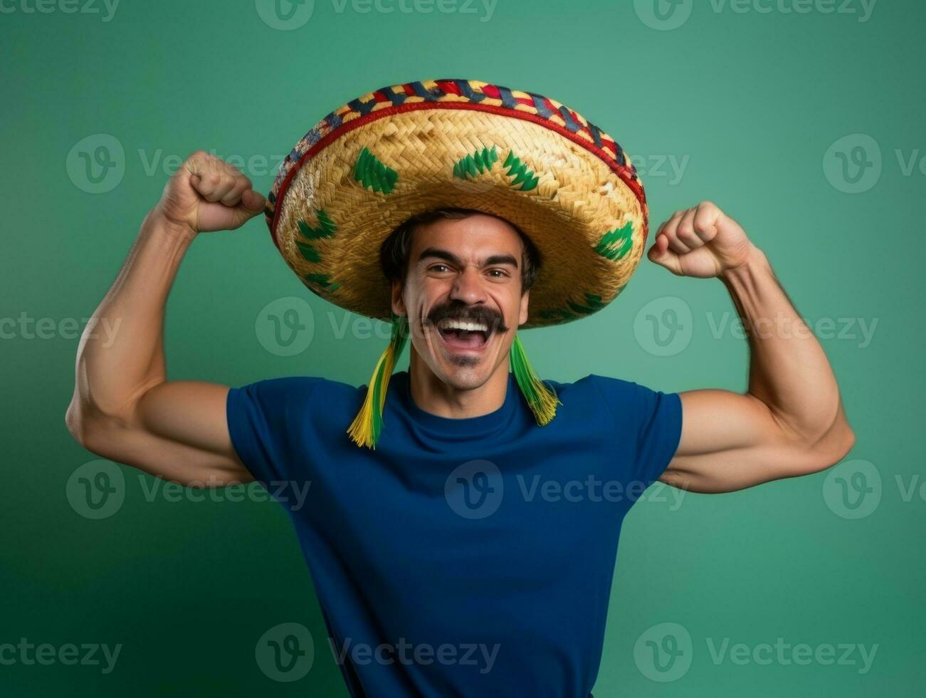 Mexican man in playful pose on solid background AI Generative photo