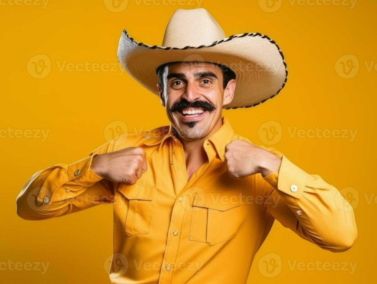 Mexican man in playful pose on solid background AI Generative photo