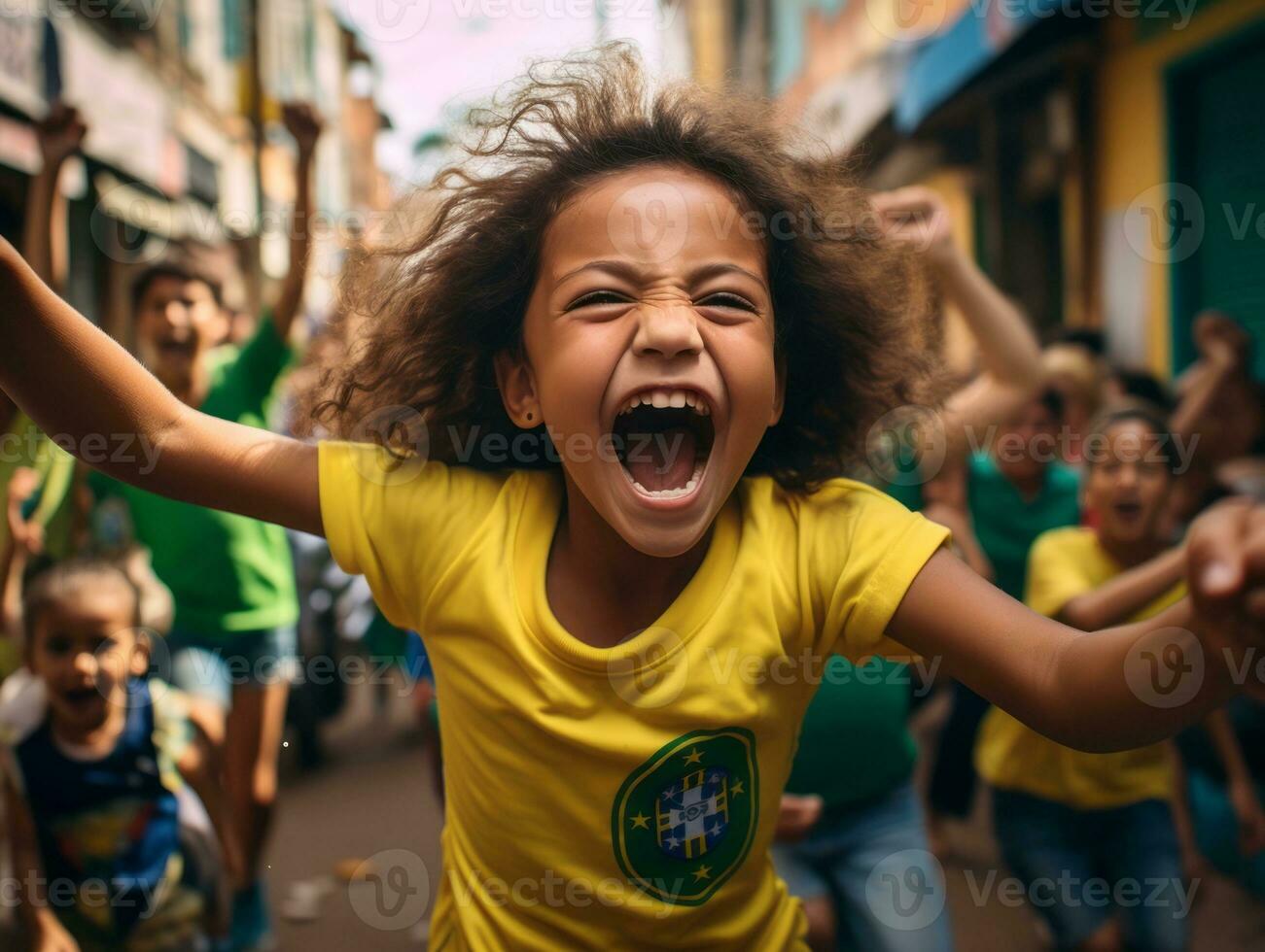 Brazilian kid celebrates his soccer teams victory AI Generative photo