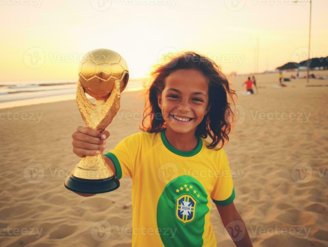 brasileño niño celebra su fútbol equipos victoria ai generativo foto