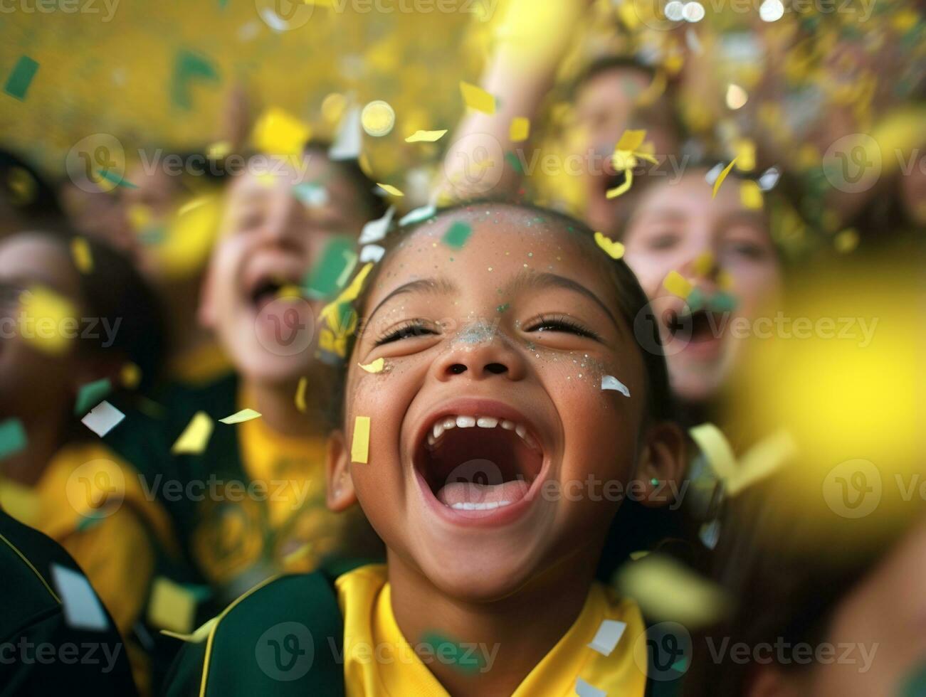 Brazilian kid celebrates his soccer teams victory AI Generative photo