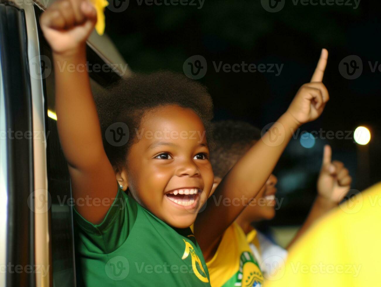 Brazilian kid celebrates his soccer teams victory AI Generative photo