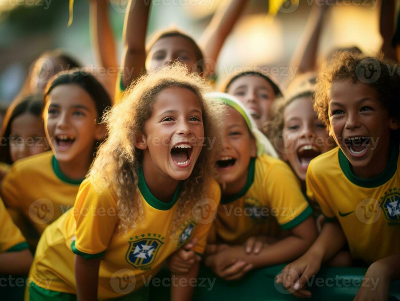 Brazilian kid celebrates his soccer teams victory AI Generative photo