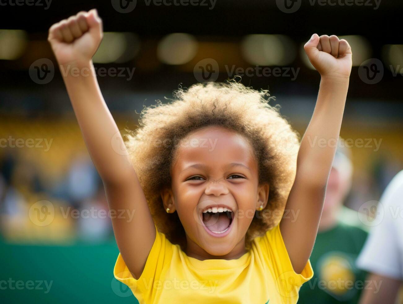 Brazilian kid celebrates his soccer teams victory AI Generative photo