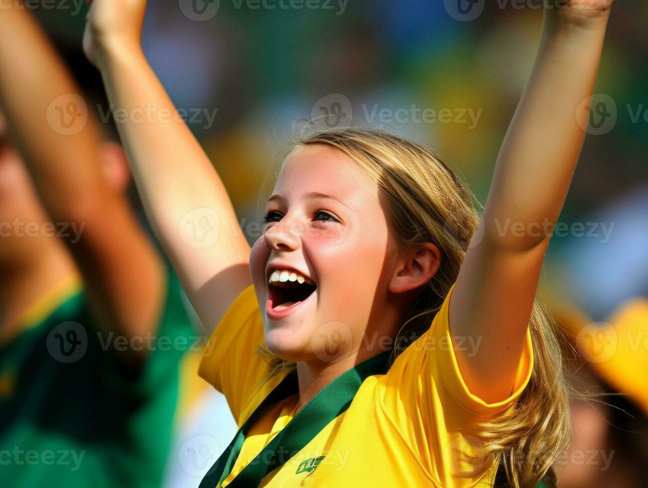 Brazilian kid celebrates his soccer teams victory AI Generative photo