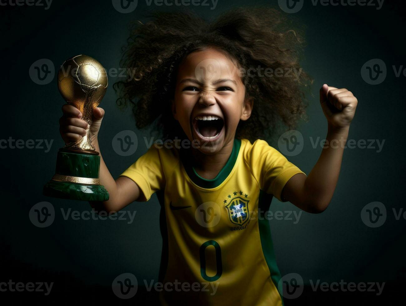 Brazilian kid celebrates his soccer teams victory AI Generative photo