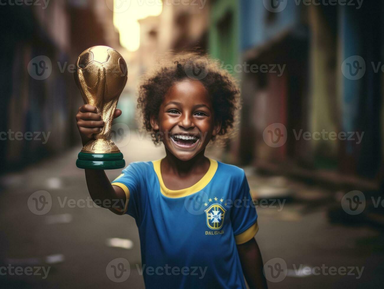 brasileño niño celebra su fútbol equipos victoria ai generativo foto