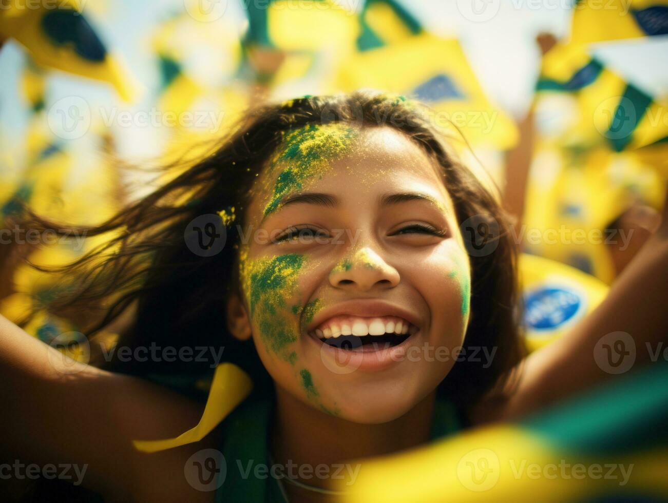 Brazilian kid celebrates his soccer teams victory AI Generative photo