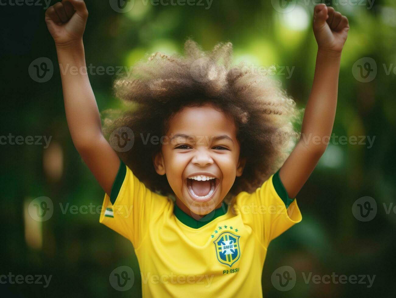 Brazilian kid celebrates his soccer teams victory AI Generative photo