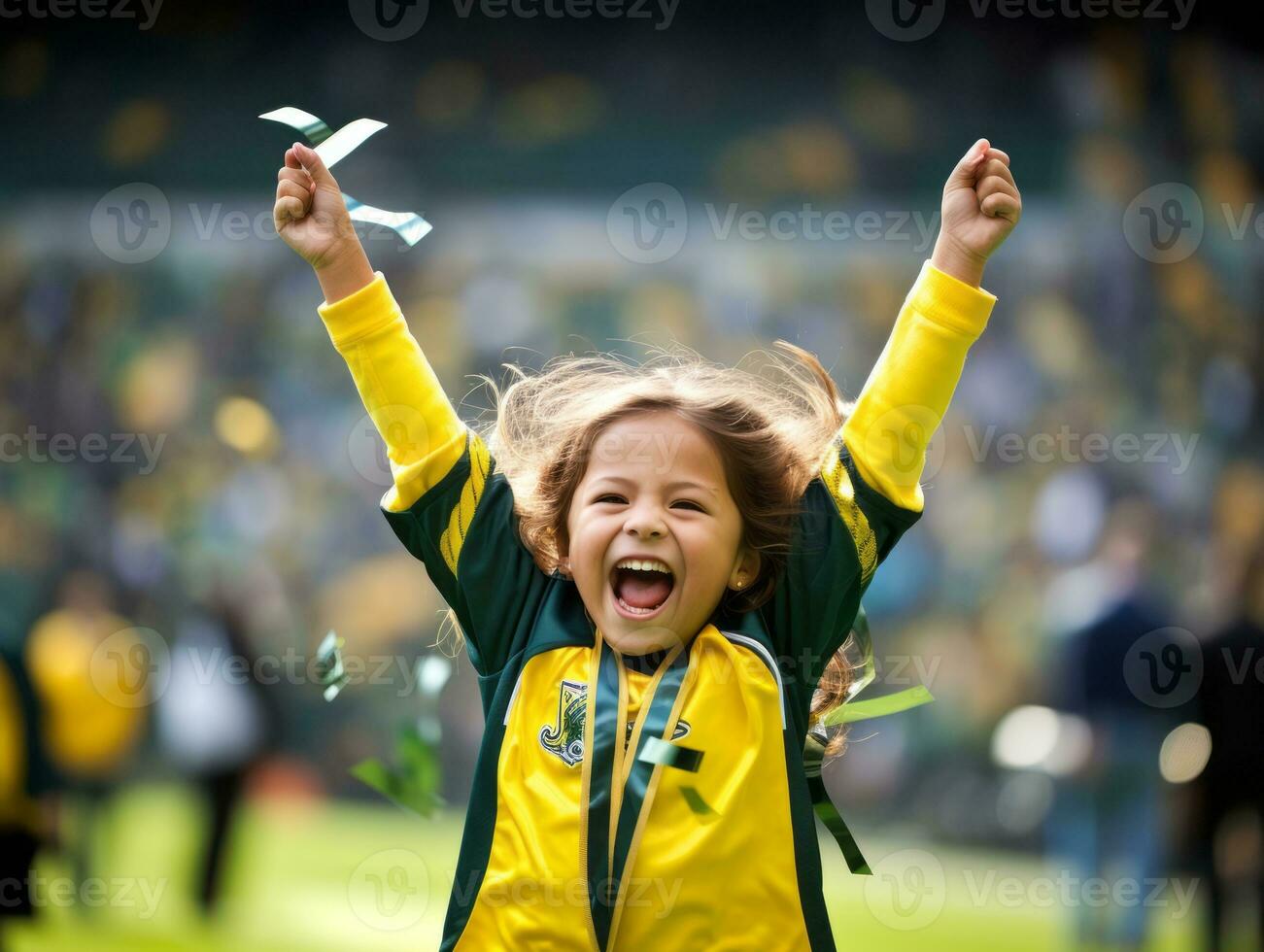 Brazilian kid celebrates his soccer teams victory AI Generative photo