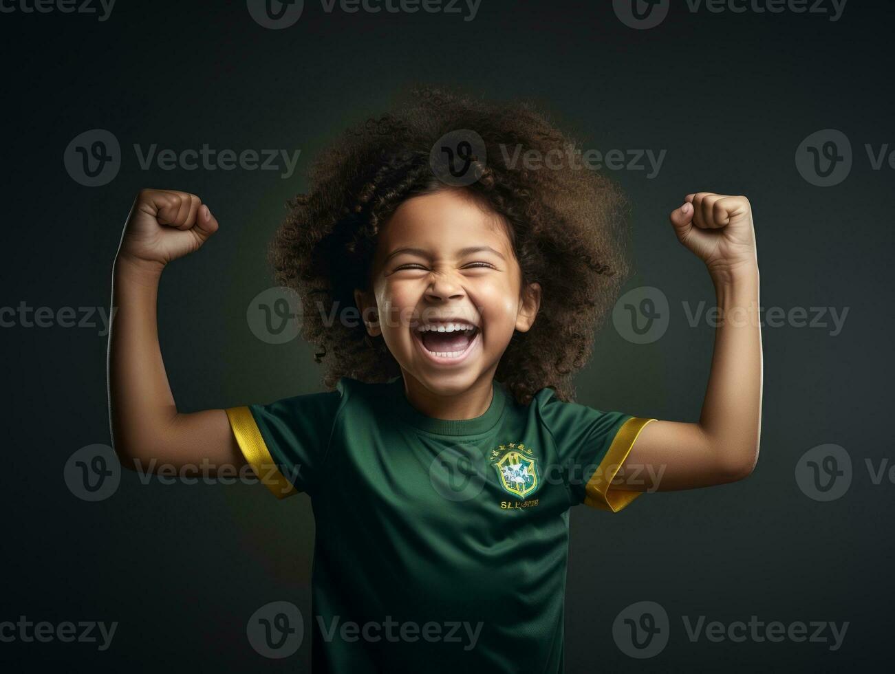 Brazilian kid celebrates his soccer teams victory AI Generative photo