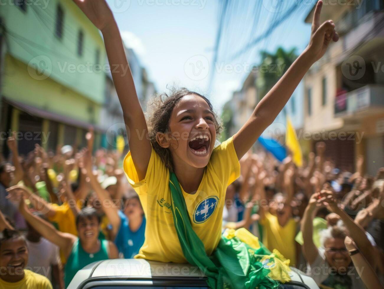 Brazilian kid celebrates his soccer teams victory AI Generative photo