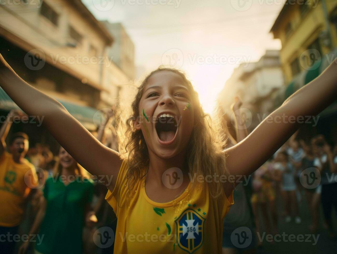 Brazilian kid celebrates his soccer teams victory AI Generative photo