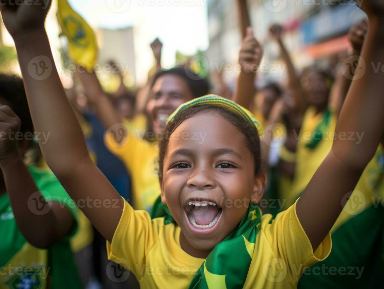 Brazilian kid celebrates his soccer teams victory AI Generative photo