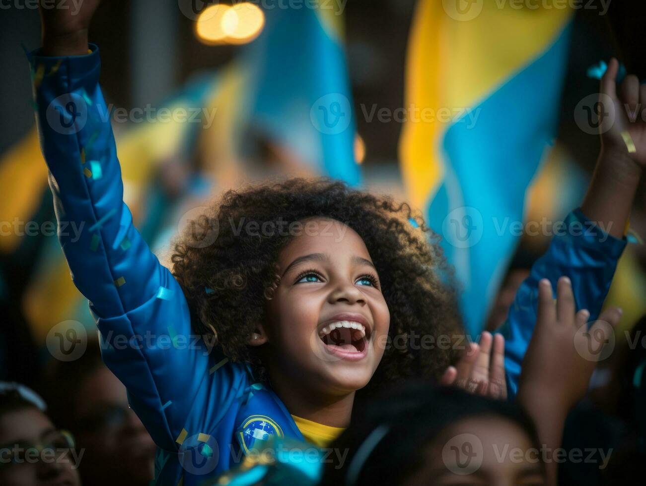Brazilian kid celebrates his soccer teams victory AI Generative photo