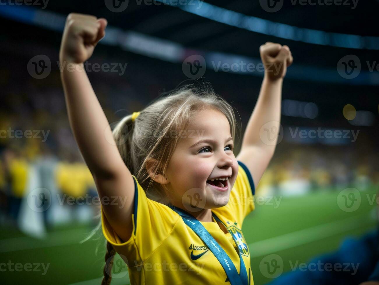 Brazilian kid celebrates his soccer teams victory AI Generative photo