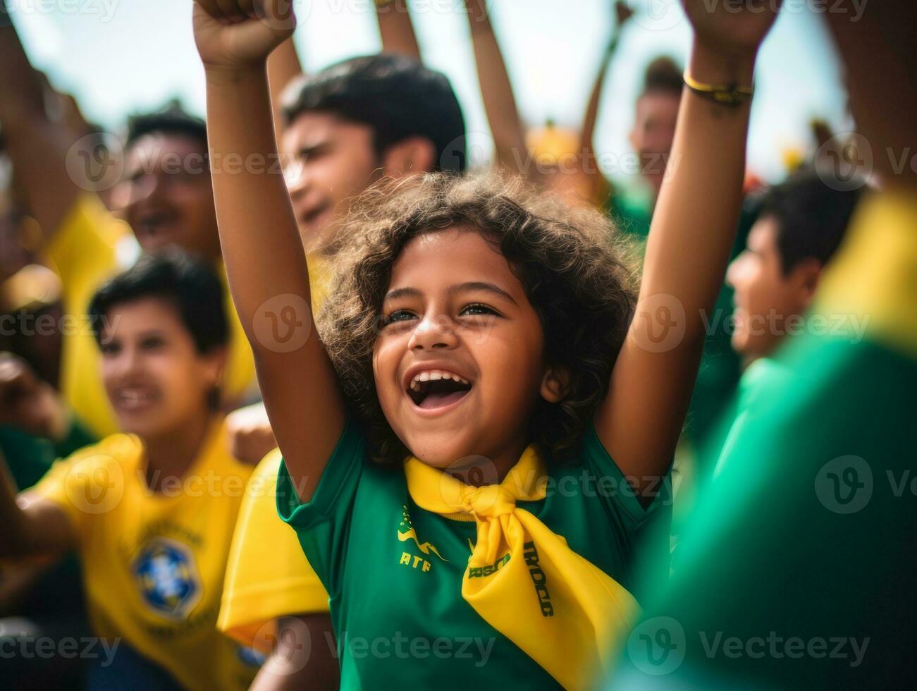 Brazilian kid celebrates his soccer teams victory AI Generative photo