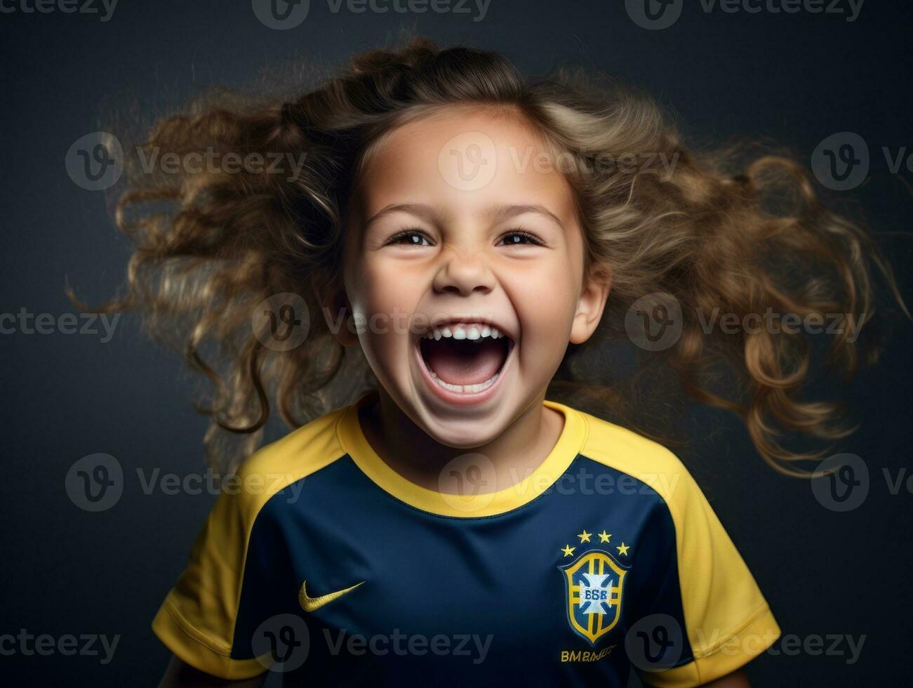 Brazilian kid celebrates his soccer teams victory AI Generative photo