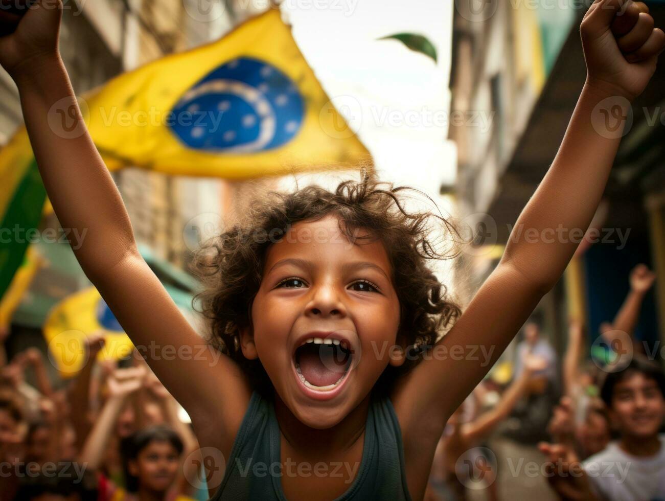 Brazilian kid celebrates his soccer teams victory AI Generative photo