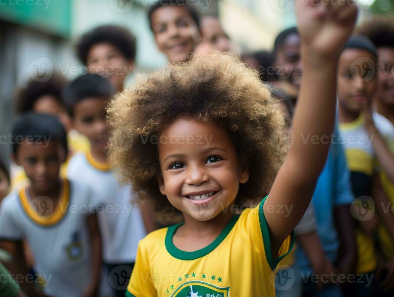 Brazilian kid celebrates his soccer teams victory AI Generative photo