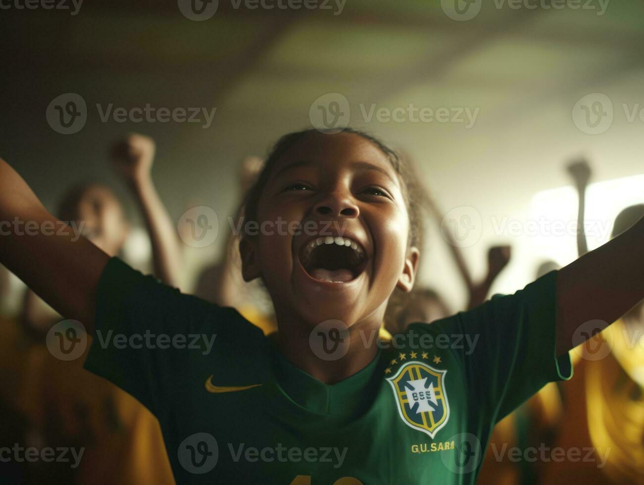 Brazilian kid celebrates his soccer teams victory AI Generative photo