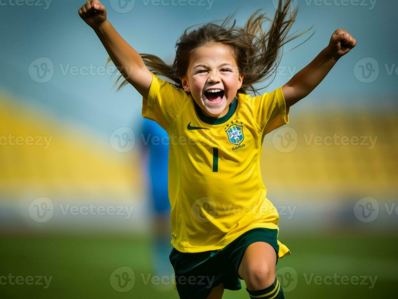 brasileño niño celebra su fútbol equipos victoria ai generativo foto