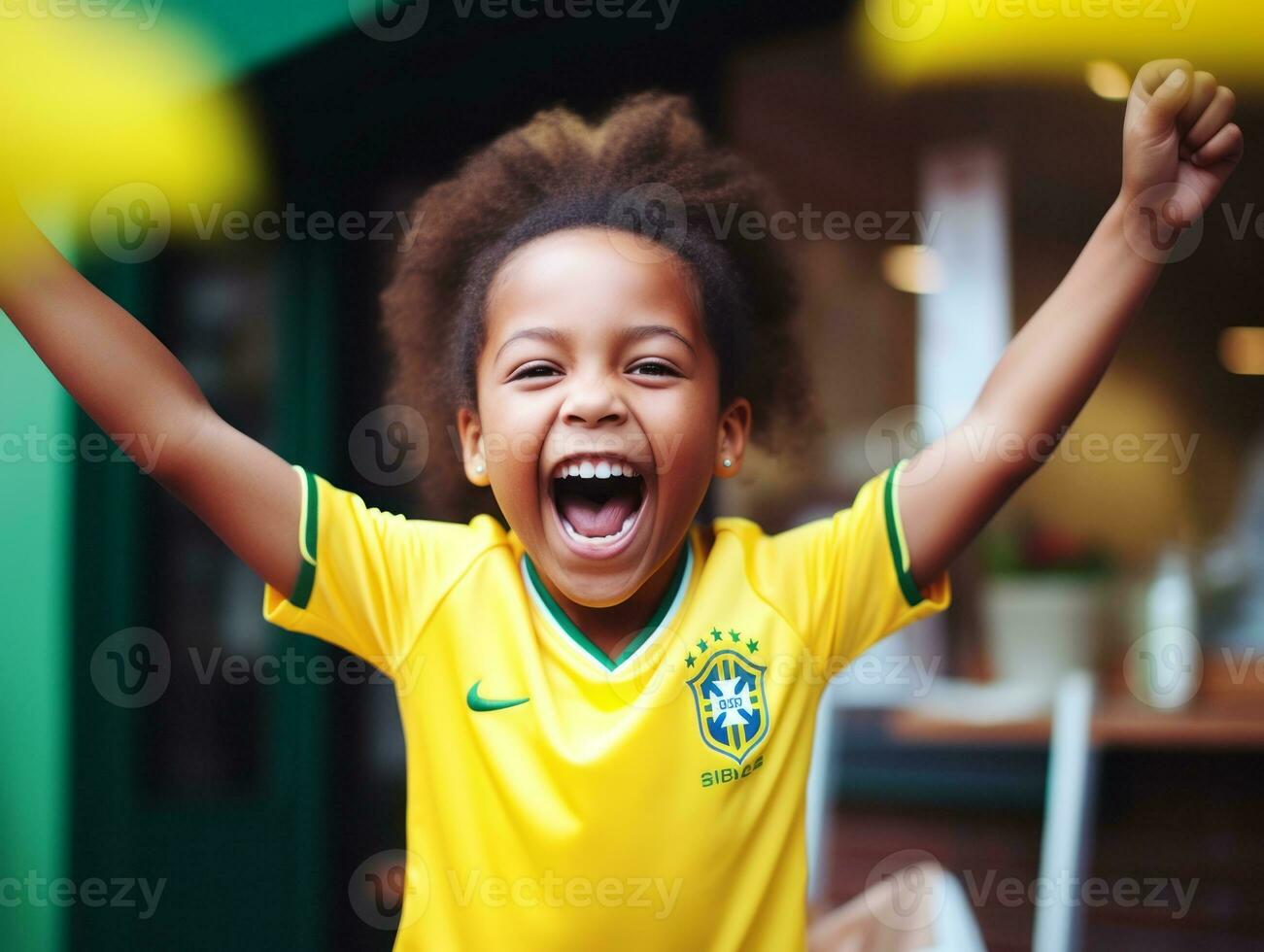 Brazilian kid celebrates his soccer teams victory AI Generative photo