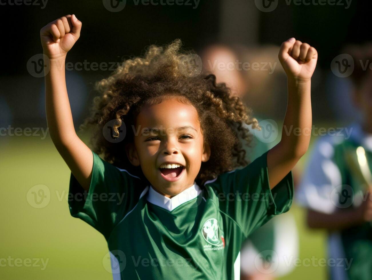 Brazilian kid celebrates his soccer teams victory AI Generative photo