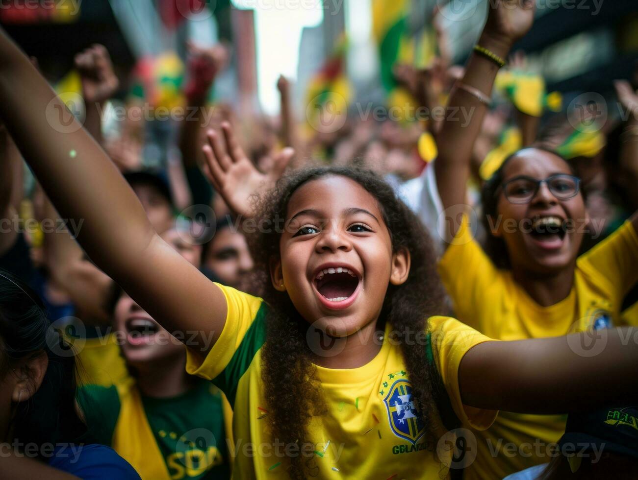 Brazilian kid celebrates his soccer teams victory AI Generative photo