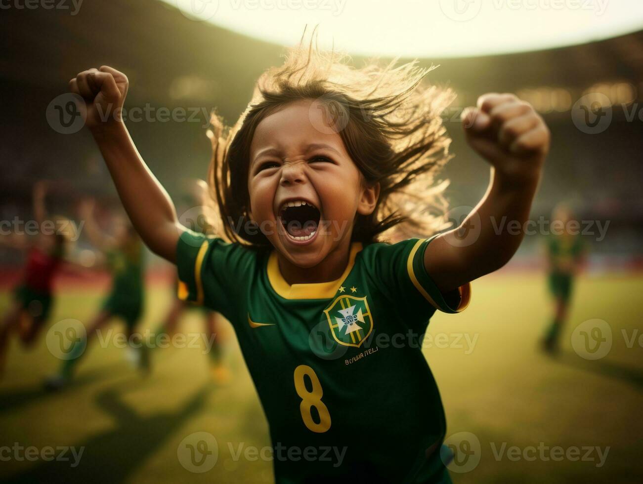 Brazilian kid celebrates his soccer teams victory AI Generative photo