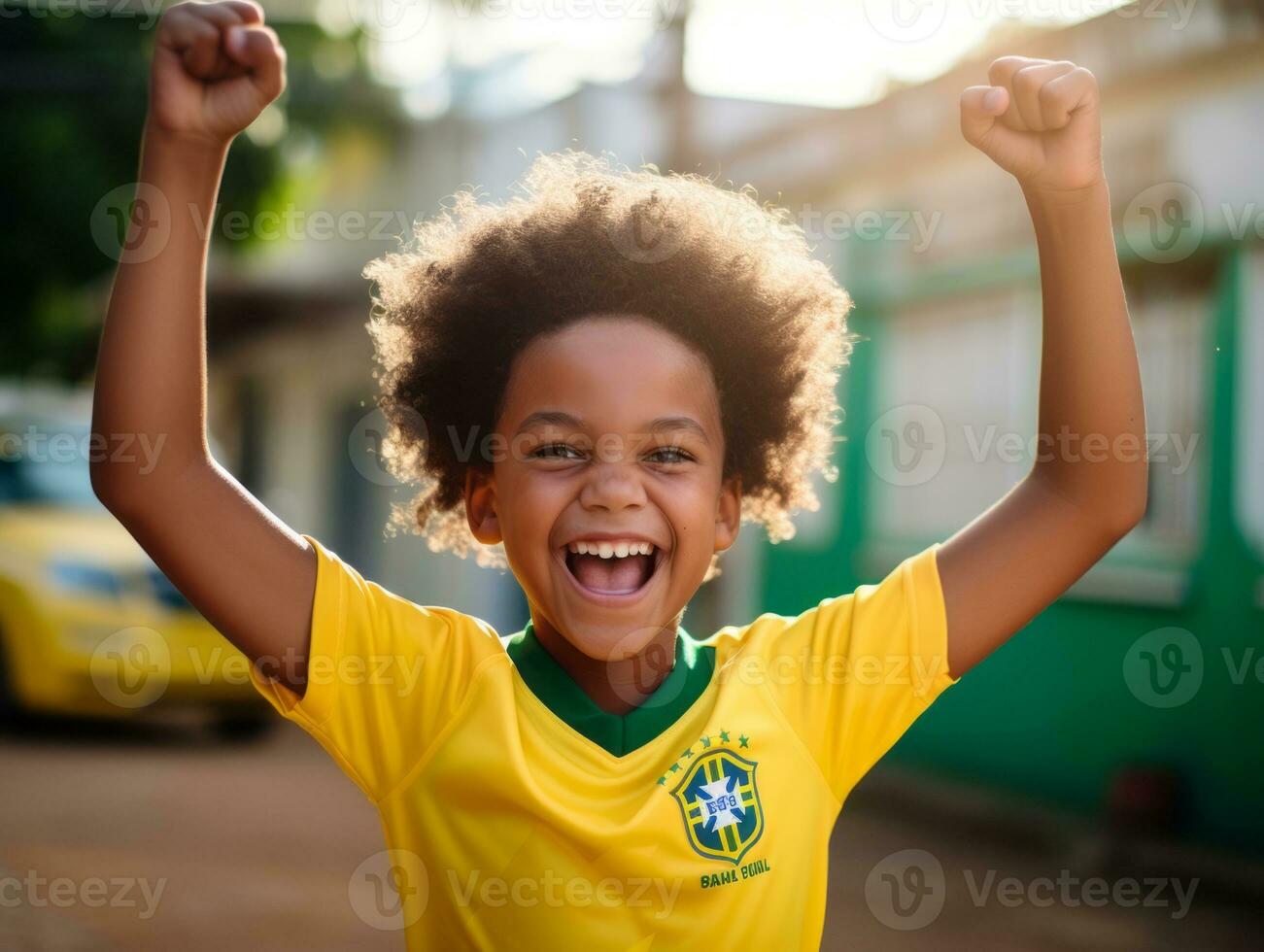 Brazilian kid celebrates his soccer teams victory AI Generative photo