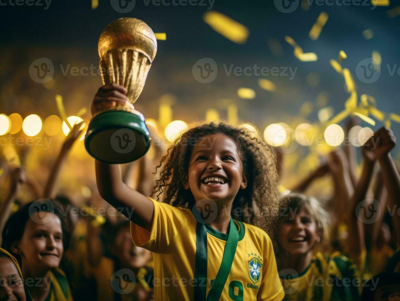 brasileño niño celebra su fútbol equipos victoria ai generativo foto