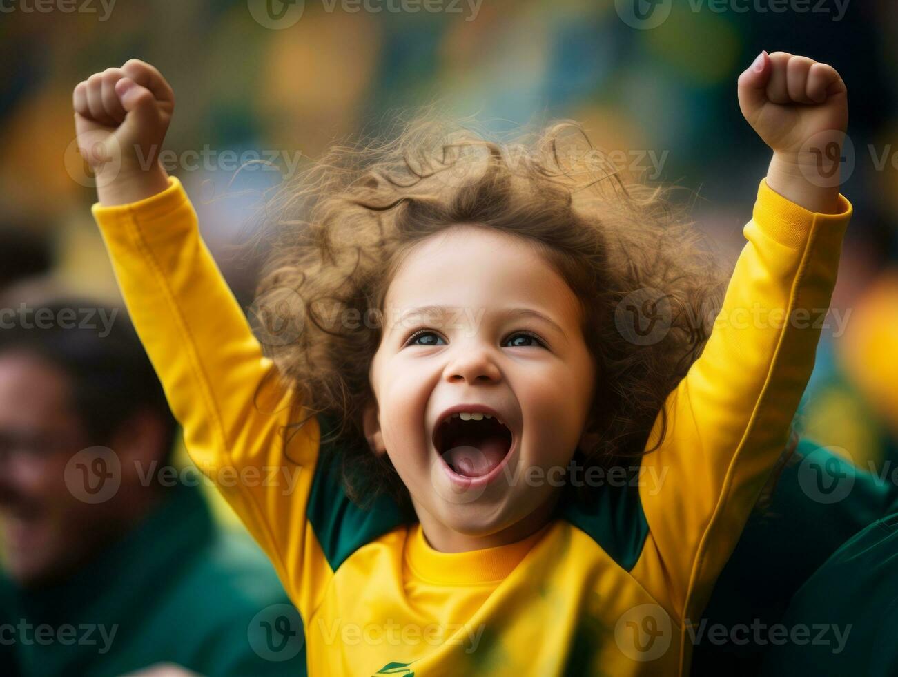 Brazilian kid celebrates his soccer teams victory AI Generative photo